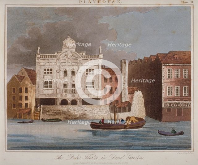 The Duke's Theatre, Dorset Gardens, from the River Thames, City of London, 1825.      Artist: R Page