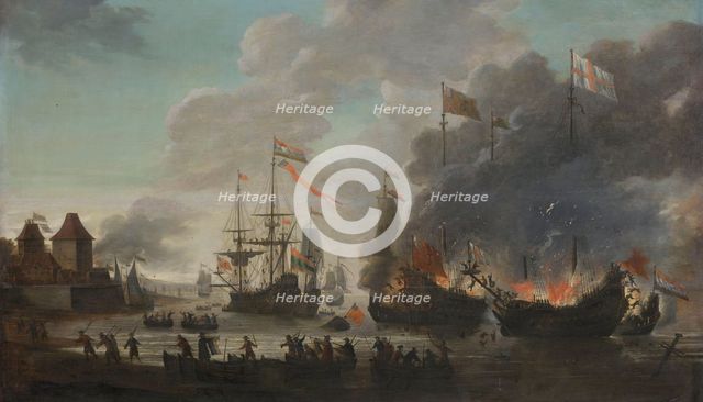 The Dutch Burning English Ships during the Dutch Raid on the Medway, 20 June 1667, 1667-1669. Creator: Jan van Leyden.