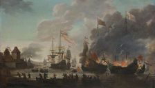 The Dutch Burning English Ships during the Dutch Raid on the Medway, 20 June 1667, 1667-1669. Creator: Jan van Leyden