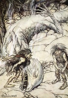 The dwarves quarrelling over the body of Fafner 1924. Artist: Arthur Rackham