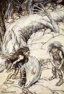 The dwarves quarrelling over the body of Fafner 1924. Creator: Arthur Rackham