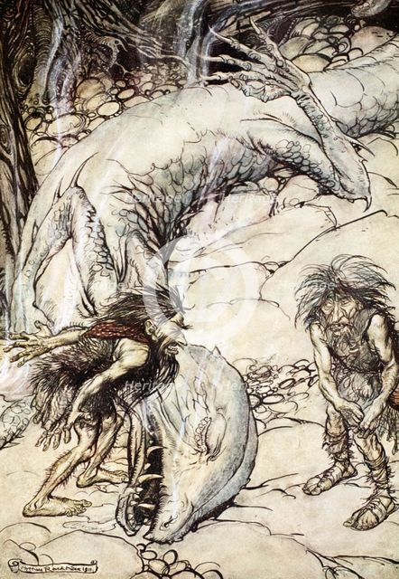 'The dwarves quarrelling over the body of Fafner', 1924.  Creator: Arthur Rackham.