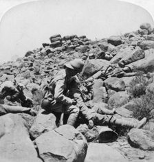 The dying bugler's last call, a battlefield incident, Gras Pan, South Africa 1900. Artist: Underwood & Underwood