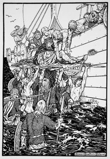 The dying King Haakon carried to his ship, 961 (1913). Creator: Morris Meredith Williams