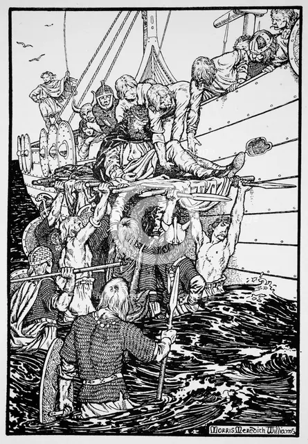 The dying King Haakon carried to his ship, 961 (1913). Creator: Morris Meredith Williams.