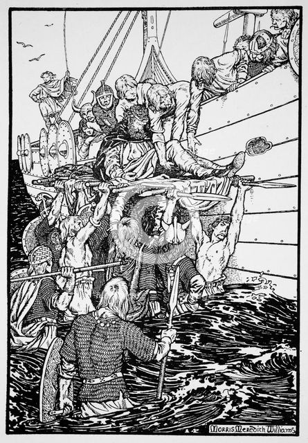 The dying King Haakon carried to his ship, 961 (1913). Creator: Morris Meredith Williams.