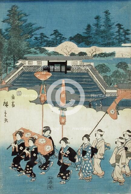 The Daimyo's Ladies Procession at Eastern Capitol: Hachimangu Shrine and Chaki-Inari..., 1845. Creator: Ando Hiroshige.