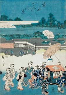 The Daimyo's Ladies Procession at Eastern Capitol: Hachimangu Shrine and Chaki-Inari Shrine, 1845. Creator: Ando Hiroshige