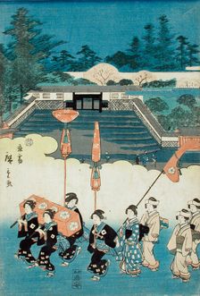 The Daimyo's Ladies Procession at Eastern Capitol: Hachimangu Shrine and Chaki-Inari..., 1845. Creator: Ando Hiroshige