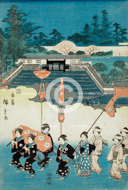 The Daimyo's Ladies Procession at Eastern Capitol: Hachimangu Shrine and Chaki-Inari..., 1845. Creator: Ando Hiroshige.