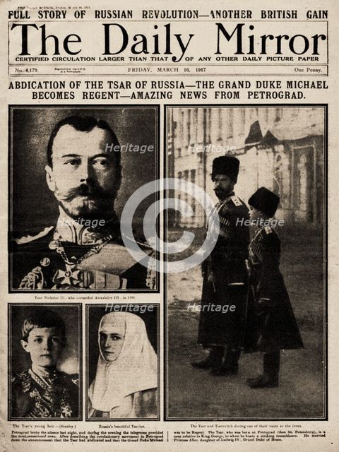 The Daily Mirror Front Page from March 16th, 1917: Abdication of the Tsar of Russia..., 1917. Creator: Historic Object.