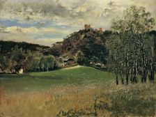 The dairy meadow in Vorderbrühl with the Mödling ruins, 1885. Creator: Anton Romako