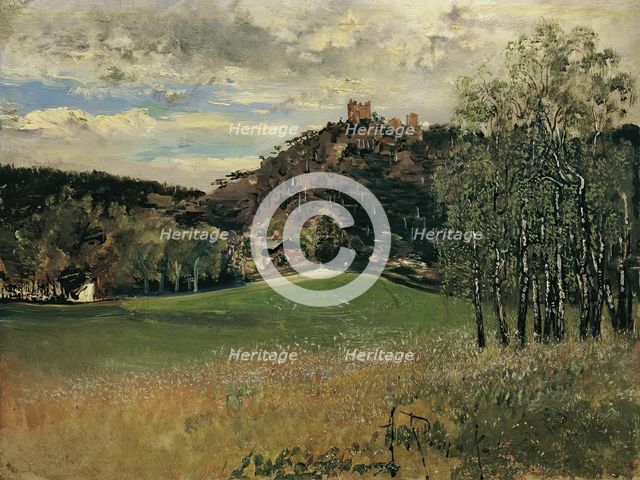The dairy meadow in Vorderbrühl with the Mödling ruins, 1885. Creator: Anton Romako.