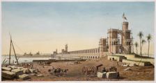 The dam across the Nile, the building of the Aswan Dam, Egypt, 1853. Creators: Philippe Benoist, Eugene Ciceri