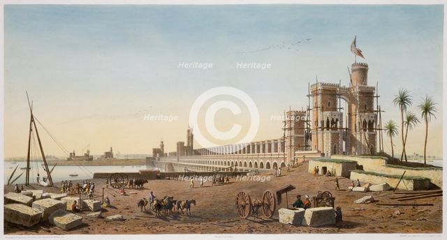 The dam across the Nile, the building of the Aswan Dam, Egypt, 1853. Creators: Philippe Benoist, Eugene Ciceri.