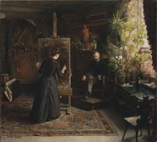 The Danish Artist Bertha Wegmann Painting a Portrait. Creator: Jeanna Maria Charlotta Bauck