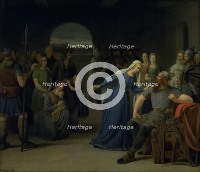 The Danish Queen Thyra Danebod Trying to Soften the Heart of her Husband, Gorm the Old..., 1849. Creator: Julius Exner.