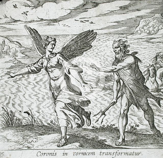 The Daughter of Coroneus Changed into a Crow, published 1606. Creators: Antonio Tempesta, Wilhelm Janson.