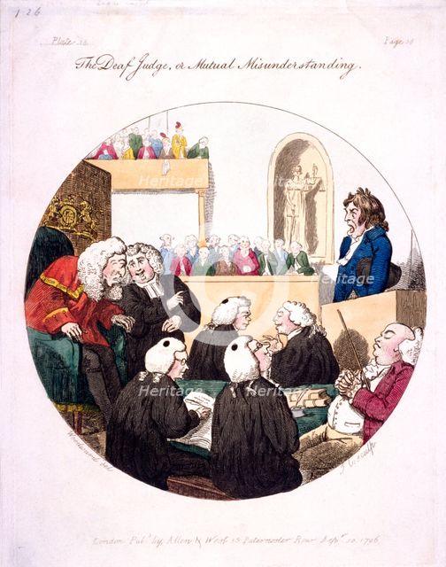 'The deaf judge, or mutual misunderstanding', Old Bailey, London, 1796. Artist: Isaac Cruikshank