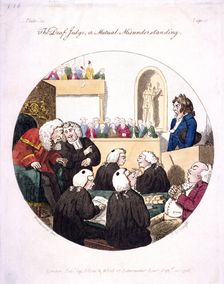 The deaf judge, or mutual misunderstanding Old Bailey, London, 1796. Artist: Isaac Cruikshank