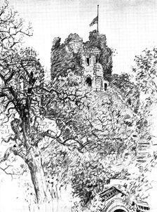 The Death of Mr. Gladstone: the flag at half-mast on the keep of the Old Castle, Hawarden, 1898. Creator: Unknown