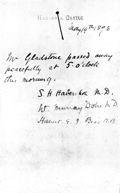 The Death of Mr. Gladstone: facsimile of the last bulletin issued, 1898. Creator: Unknown.