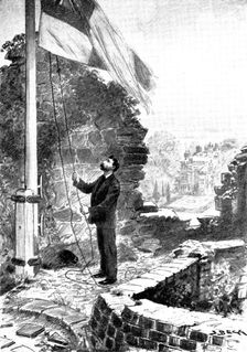 The Death of Mr. Gladstone: hoisting the flag half-mast on the keep, the Old Castle, Hawarden, 1898. Creator: Unknown