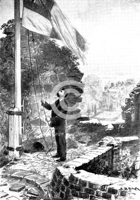 The Death of Mr. Gladstone: hoisting the flag half-mast on the keep, the Old Castle, Hawarden, 1898. Creator: Unknown.