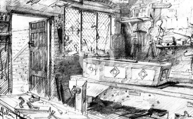 The Death of Mr. Gladstone: in the carpenter's shop, Hawarden, 1898. Creator: Unknown.