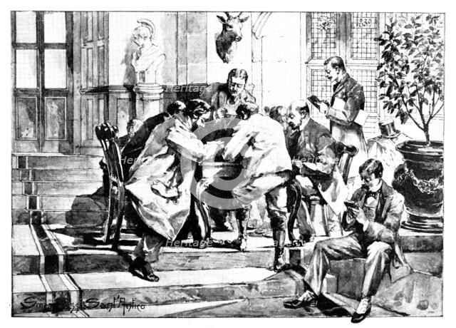 The Death of Mr. Gladstone: reading telegrams from royal...personages in the Hall at Hawarden, 1898. Creator: Unknown.