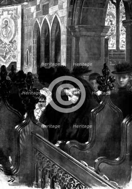 The Death of Mr. Gladstone:...Mrs. Gladstone listening to the sermon of Dean Wickham, 1898. Creator: Unknown.