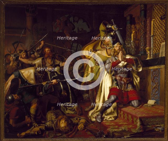 The death of Canute IV of Denmark in the Church of Saint Albanus (The Murder of Canute the Holy), 18 Artist: Benzon, Christian Albrecht von (1816-1849)