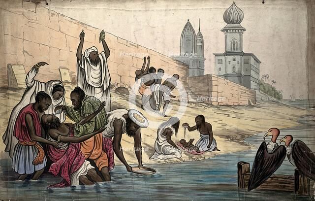 The "death of Hindoos on the banks of the river Ganges", 1860. Creator: The Empire Traveller.