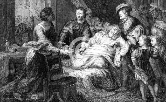 The death of Leonardo de Vinci, 1519.Artist: Walker