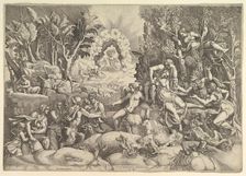 The Death of Procris; Cephalus mournig the death of Procris on the right surrounded by..., ca. 1540. Creator: Giorgio Ghisi
