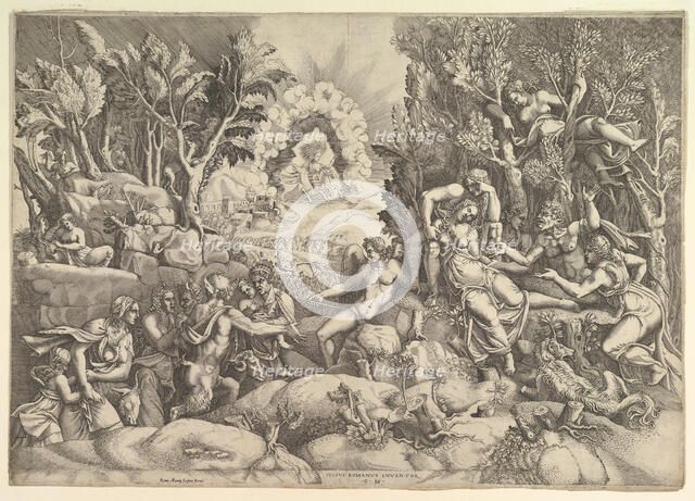 The Death of Procris; Cephalus mournig the death of Procris on the right surrounded by..., ca. 1540. Creator: Giorgio Ghisi.