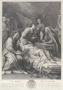 The death of Saint Joseph, lying on a bed, with Jesus, the Virgin Mary, and angels at h..., 1740-50. Creator: Johann Christian Teucher