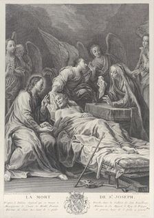 The death of Saint Joseph, lying on a bed, with Jesus, the Virgin Mary, and angels at h..., 1740-50. Creator: Johann Christian Teucher
