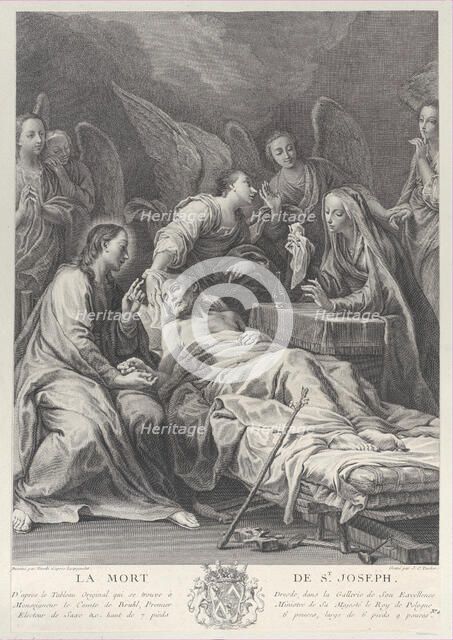 The death of Saint Joseph, lying on a bed, with Jesus, the Virgin Mary, and angels at h..., 1740-50. Creator: Johann Christian Teucher.