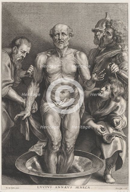 The Death of Seneca, standing at center with his feet in a basin of water, supporte..., ca. 1655-78. Creator: Alexander Voet.