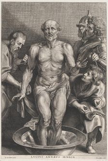 The Death of Seneca, standing at center with his feet in a basin of water, supporte..., ca. 1655-78. Creator: Alexander Voet