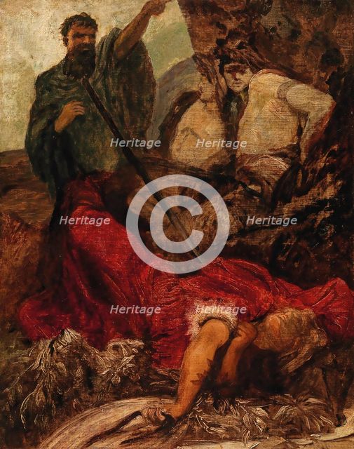 The Death of Siegfried: the Giant Hagen Throwing Siegfried into a Gorge. Creator: Makart, Hans (1840-1884).