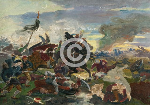 The Death of Tomory in the Battle of Mohács, around 1895-1896. Creator: Jozef Hanula.