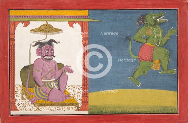 The Demon Hiranyaksha Departs the Demon Palace... from a Bhagavata Purana Series, ca. 1740. Creator: Unknown.