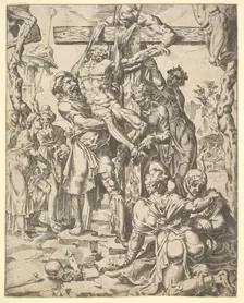 The Descent from the Cross, from The Fall and Salvation of Mankind through the Life and Pa..., 1548. Creator: Dirck Volkertsen Coornhert