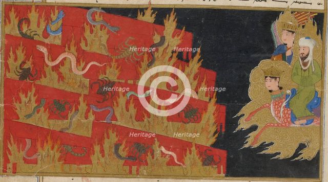The descent of Muhammad into the Netherworld. From Miraj Nameh, 1436. Creator: Anonymous.
