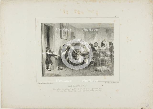 The Dessert: My eldest is full of spirit!...he is very advanced for his age...I intend to ..., 1837. Creator: Auguste Raffet.