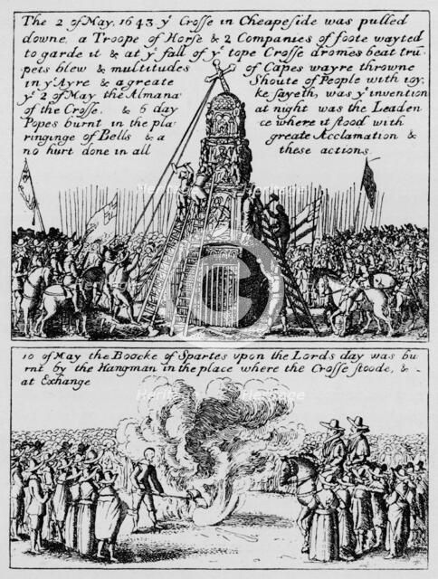 The destruction of Cheapside Cross and the burning of the Book of Sports, May 1643 (1903). Artist: Unknown.