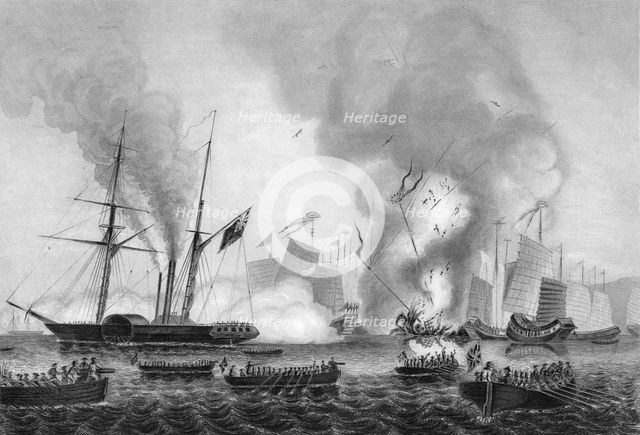 The destruction of the Chinese war junk in Anson's Bay, 7 January 1841 (c1857).Artist: George Greatbatch