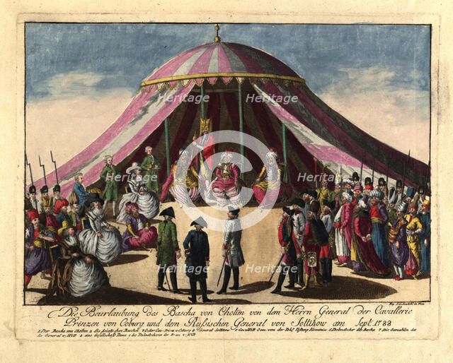 The deposition of the Pasha of Khotyn by the Prince Josias of Saxe-Coburg and General..., Sept 1788. Creator: Loeschenkohl, Johann Hieronymus (1753-1807).